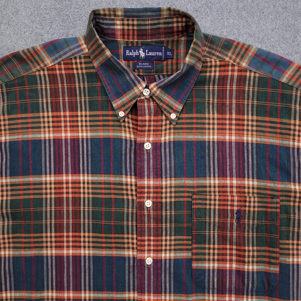Vintage Ralph Lauren Shirt Men XL Blaire Tartan Plaid Slub Cotton Pony Button Up